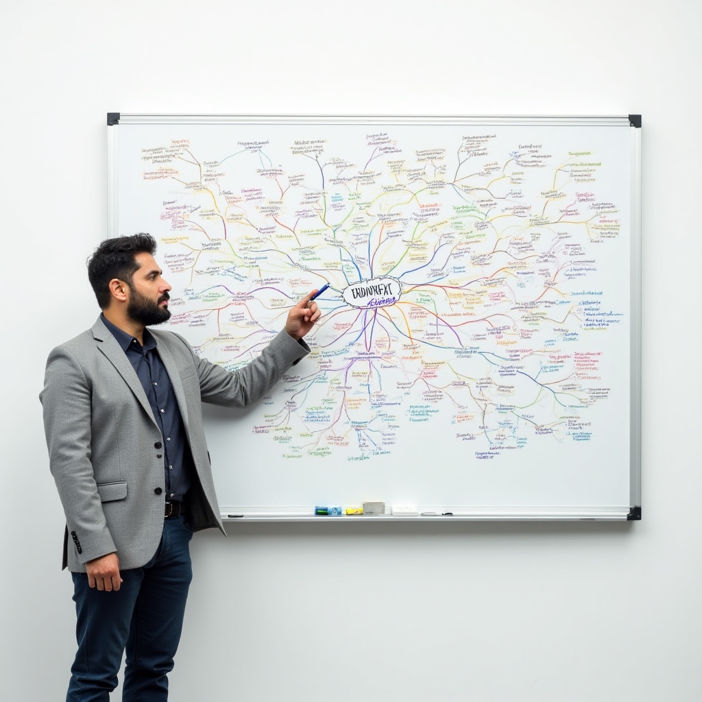 Profesional creando mapa mental de conexión de ideas en pizarra grande
