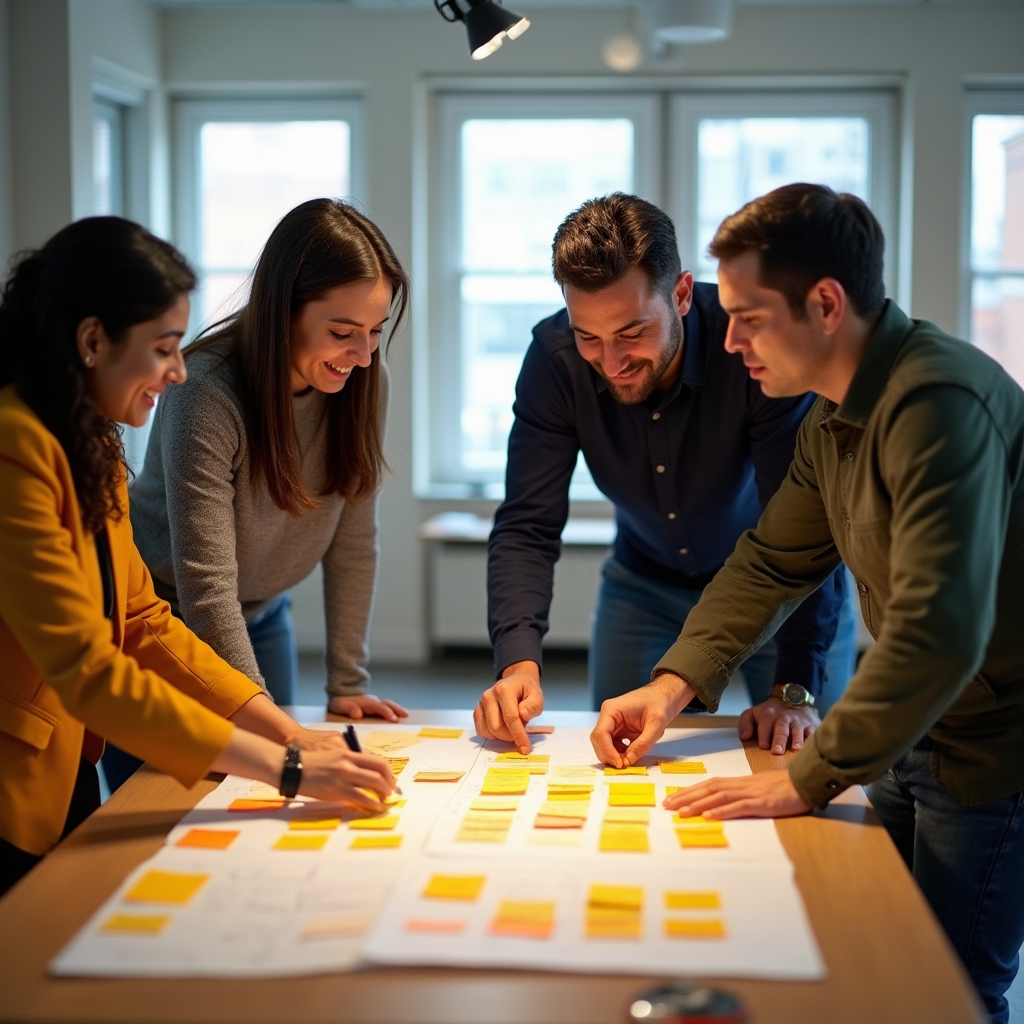 Equipo realizando ejercicio de brainstorming con post-its y pizarra