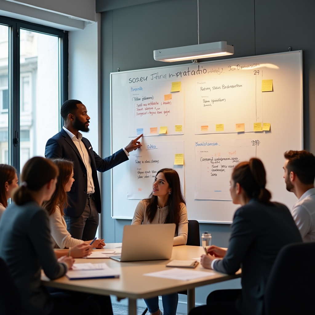 Grupo de profesionales trabajando en ejercicios de pensamiento creativo estructurado